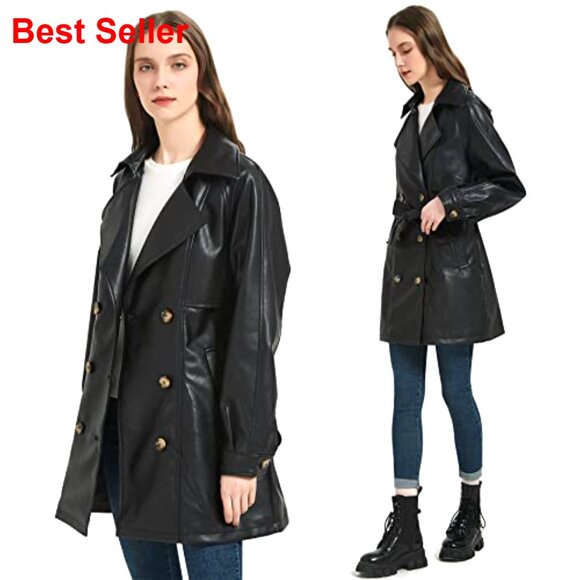 Faux Leather Trench Coat with Belt, Double Breasted, Mid Length - Picture 5 of 7